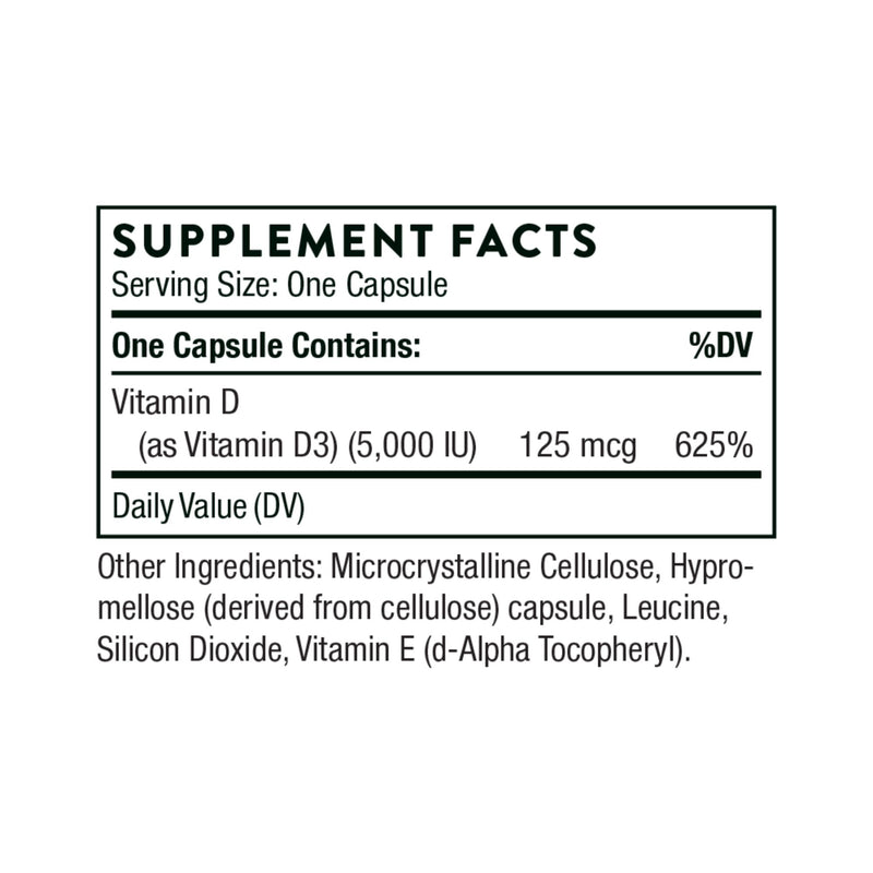 Supplement facts label for a vitamin D capsule on a white background