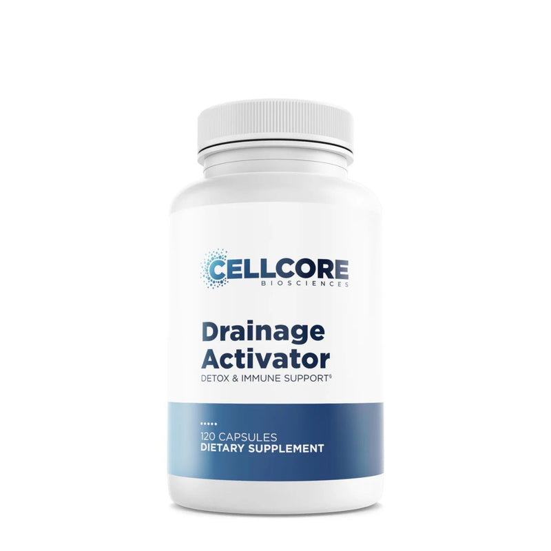Supplement bottle labeled 'Drainage Activator' by Cellcore Bioscience on a white background