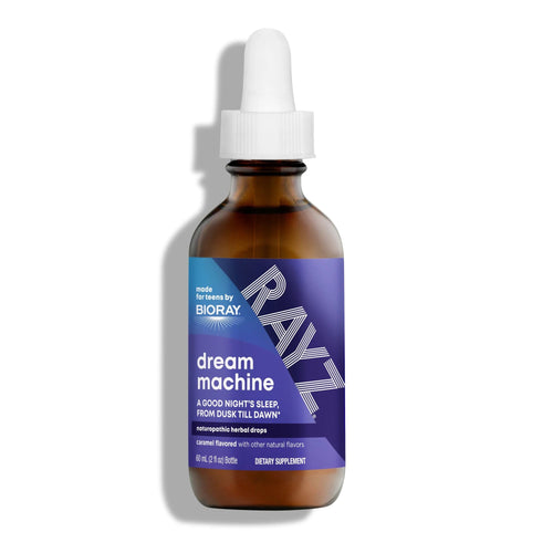 Bottle of RAYZ dream machine dietary supplement with a white background