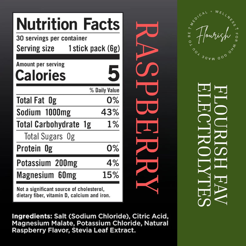 Flourish Flavors electrolyte stick pack packaging for Raspberry flavor, showing a nutrition facts label, vertical 'RASPBERRY' text, and a dark green panel with 'FLOURISH EAT ELECTROLYTES' on a black background.