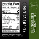 Front-facing packaging graphic for an unflavored electrolyte stick pack, showing a Nutrition Facts panel on a black background with a dark green vertical band on the right. White text reads 'UNFLAVORED' and 'FLOURISH EASY ELECTROLYTES'; smaller text lists salt, magnesium malate, and potassium chloride as ingredients.