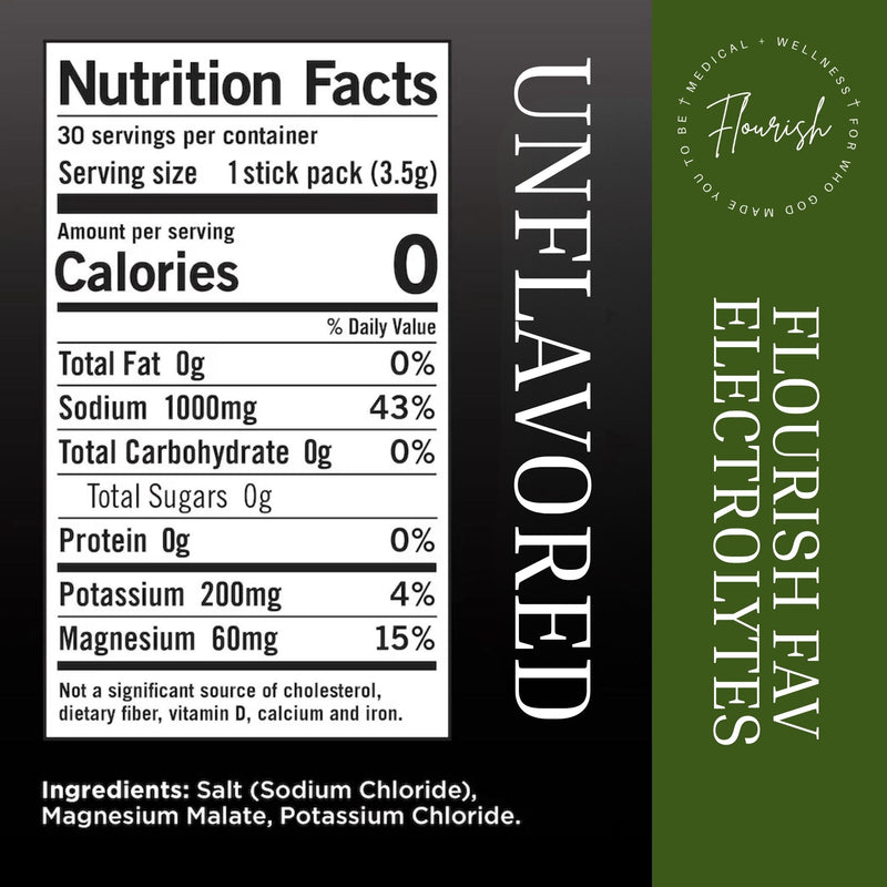 Front-facing packaging graphic for an unflavored electrolyte stick pack, showing a Nutrition Facts panel on a black background with a dark green vertical band on the right. White text reads 'UNFLAVORED' and 'FLOURISH EASY ELECTROLYTES'; smaller text lists salt, magnesium malate, and potassium chloride as ingredients.
