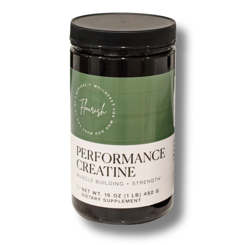 A 16 oz black plastic jar of Flavour Performance Creatine dietary supplement, featuring a green and white label with a black lid, set against a plain white background with a soft shadow.