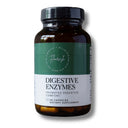 A bottle of Flavour of Naturals Digestive Enzymes dietary supplement, featuring an amber glass bottle, a black cap, and a green and white label.