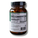 An amber glass supplement bottle with a black ribbed cap, showing the back label with Supplement Facts, on a white background.