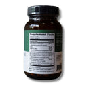 An amber glass supplement bottle with a black ribbed cap, showing the back label with Supplement Facts text on a white background.