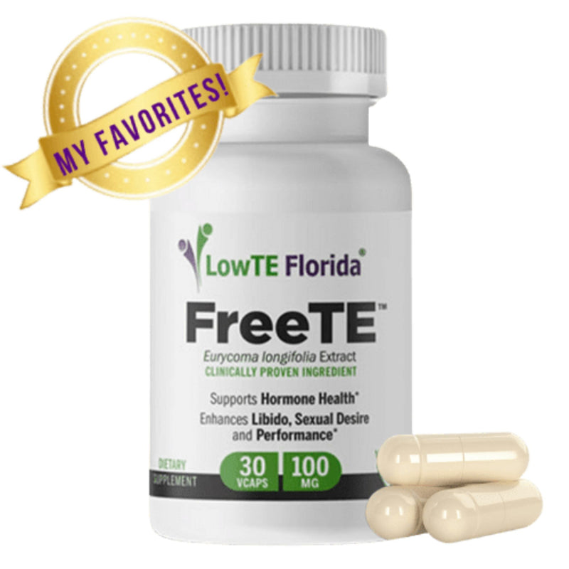 Supplement bottle labeled 'FreeTE' by LowTE Florida with capsules on a white background