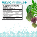 Fulvic Minerals+ supplement facts label with natural elements on a white background