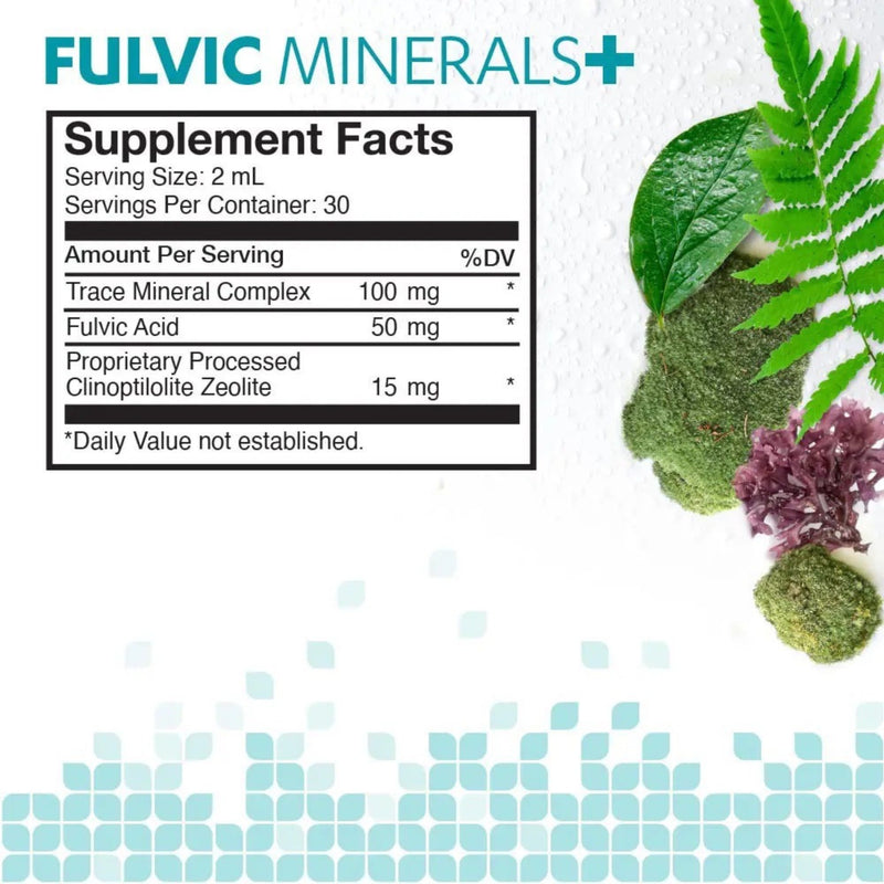 Fulvic Minerals+ supplement facts label with natural elements on a white background