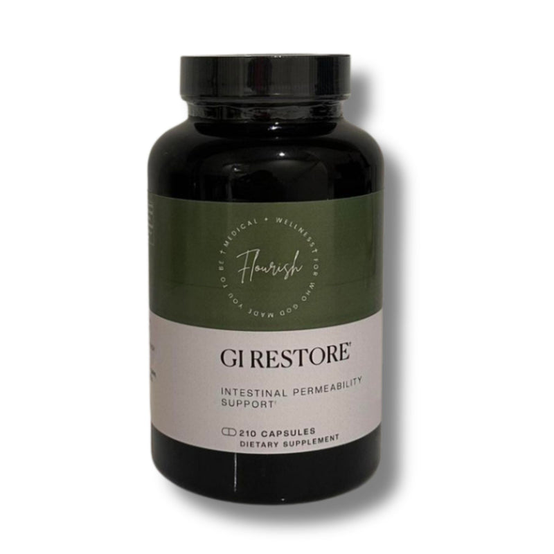 A black plastic bottle of Flavourful GI Restore dietary supplement with a dark green and white label, shown on a white background with a soft shadow.