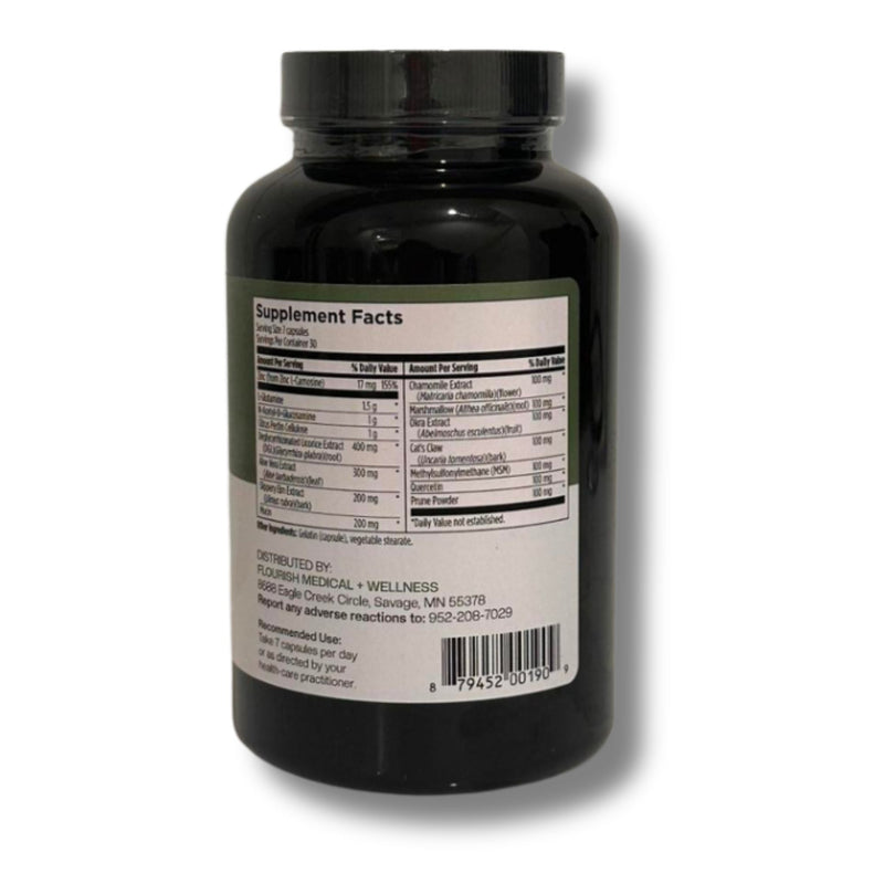 A black plastic bottle of dietary supplements shown from the back, displaying a white label with the Supplement Facts panel, on a white background.