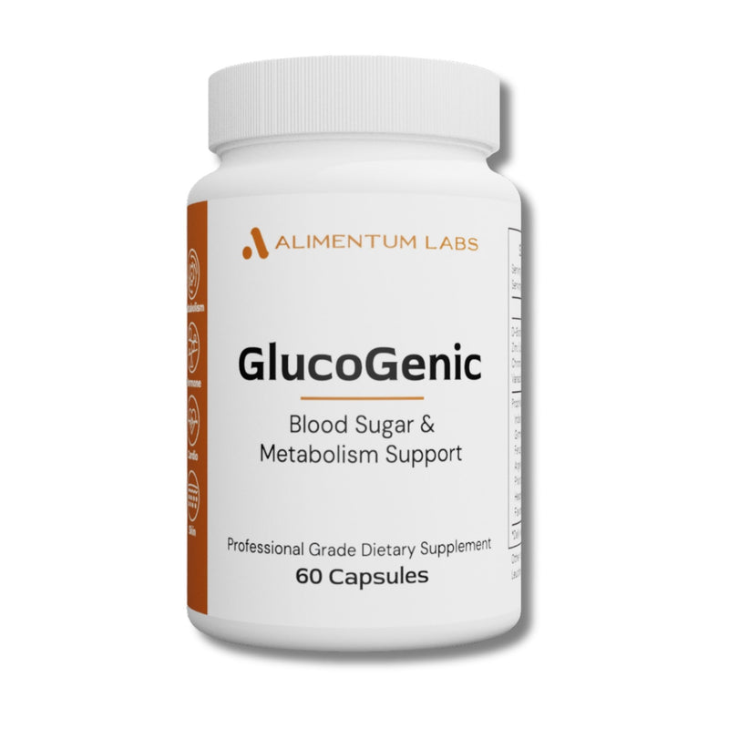 Supplement bottle labeled 'GlucoGenic' by Alimentum Labs on a white background