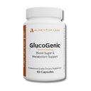 Supplement bottle labeled 'GlucoGenic' by Alimentum Labs on a white background