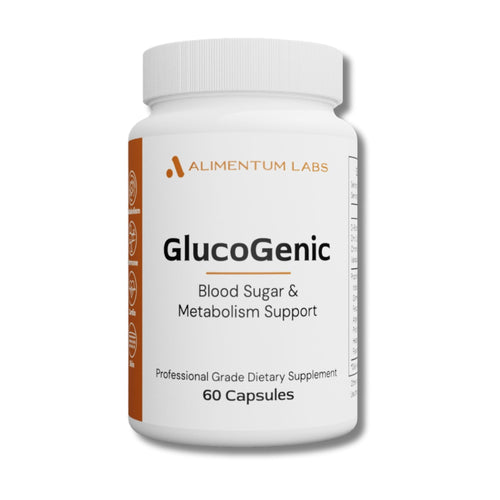 Supplement bottle labeled 'GlucoGenic' by Alimentum Labs on a white background