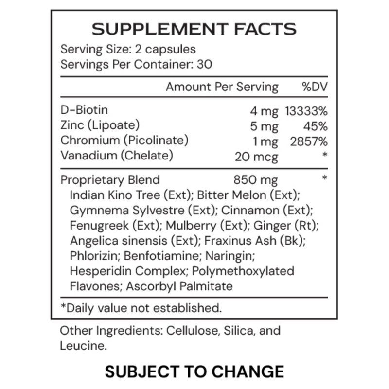Supplement facts label with detailed nutritional information on a white background