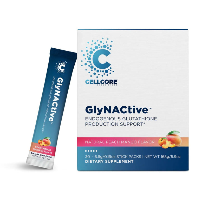 Cellcore GlyNACtive supplement stick pack and box on a white background