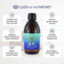 Bottle of Queen of the Thrones Organic Golden Castor Oil with features listed on a white background