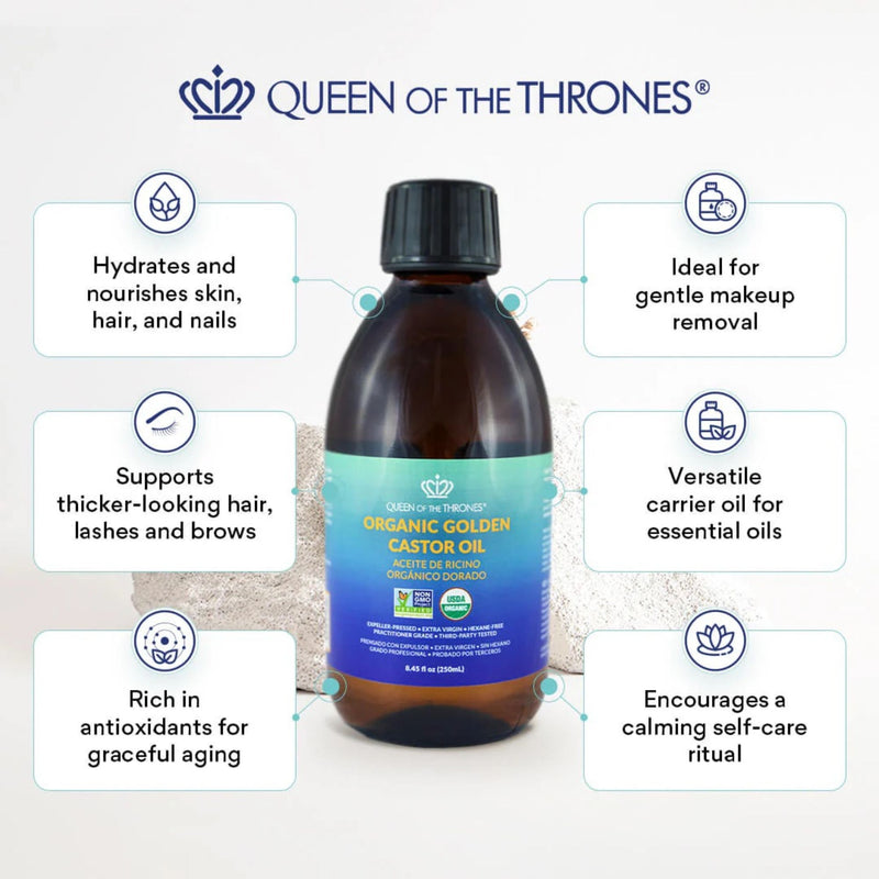 Bottle of Queen of the Thrones Organic Golden Castor Oil with features listed on a white background