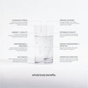 Glass of water with text highlighting various health benefits on a white background