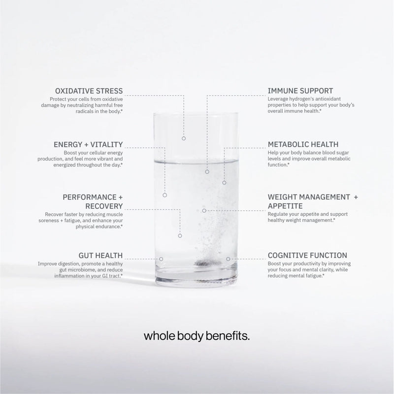 Glass of water with text highlighting various health benefits on a white background