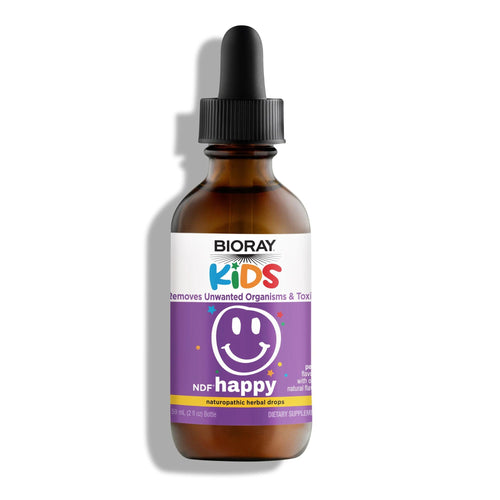 Bioray Kids NDF Happy supplement bottle with dropper on a white background