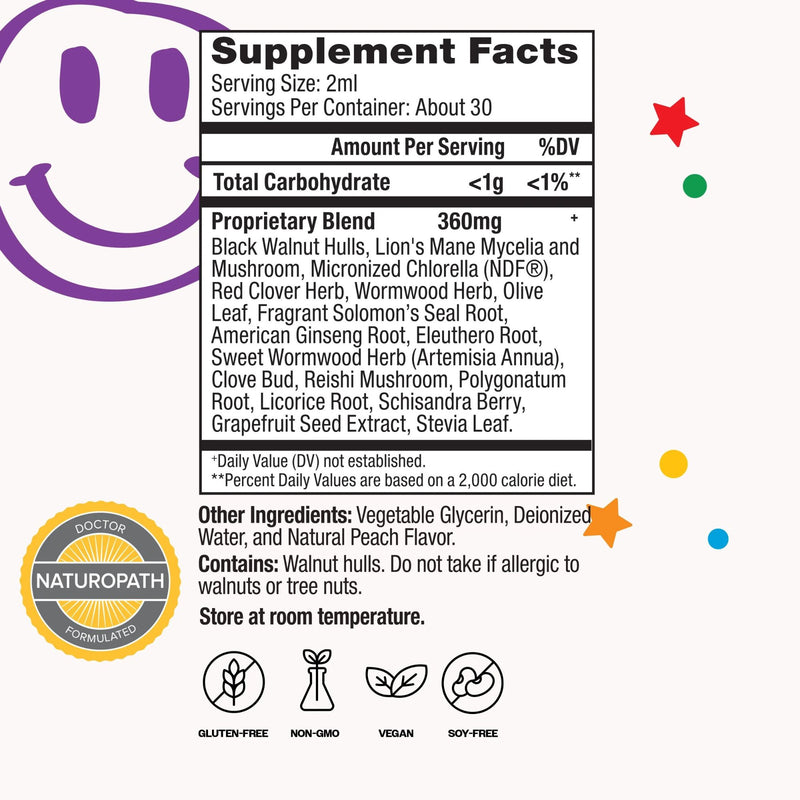 Supplement facts label with a smiley face and colorful dots on a white background
