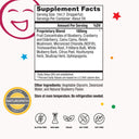 Supplement facts label with colorful graphics and branding on a white background