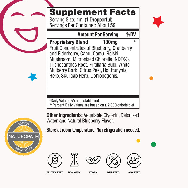 Supplement facts label with colorful graphics and branding on a white background