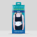 Packaging of a castor oil pack for kids with a person wearing it on a gray background.