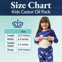 Size chart for Kids Castor Oil Pack with a child wearing the product on a blue background
