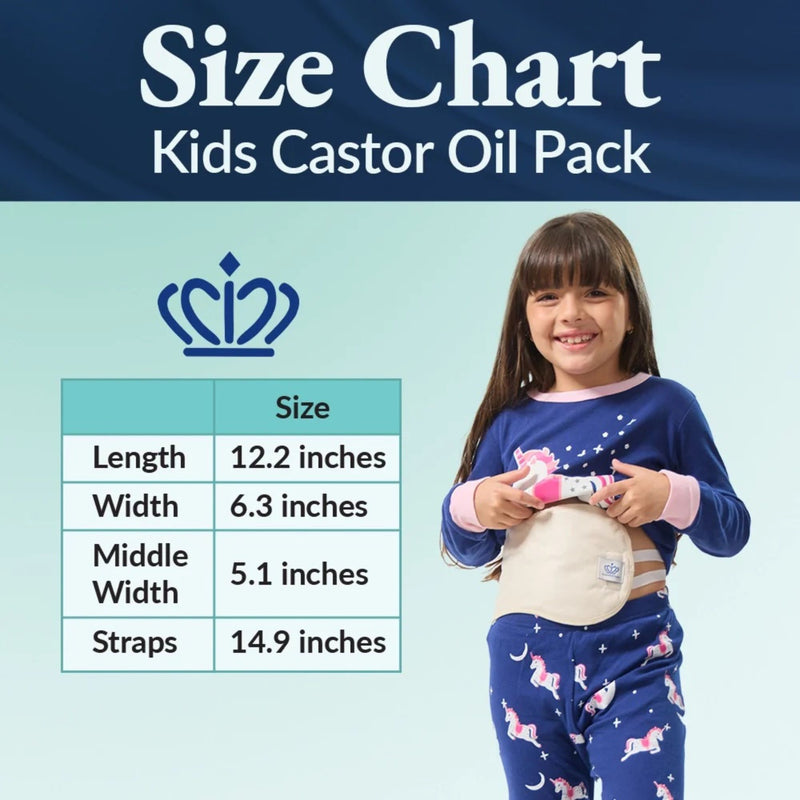 Size chart for Kids Castor Oil Pack with a child wearing the product on a blue background