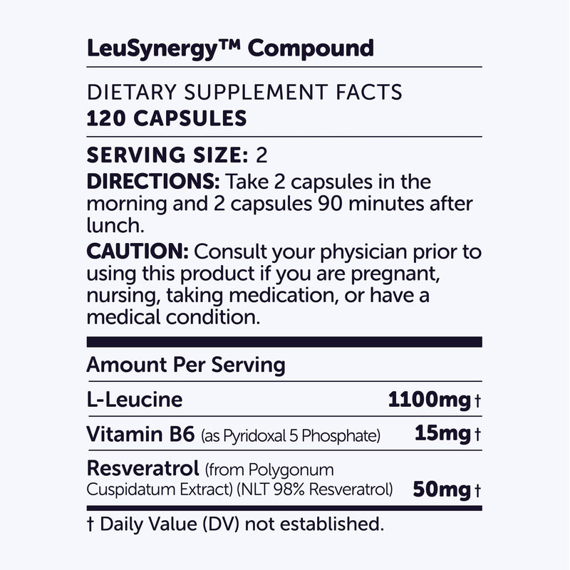 Supplement label for LeuSynergy Compound with dietary facts and directions.