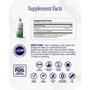 Supplement facts label for a product with a bottle image and certification logos on a white background.