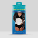 Packaging of a castor oil pack for liver with a person wearing it on a gray background.
