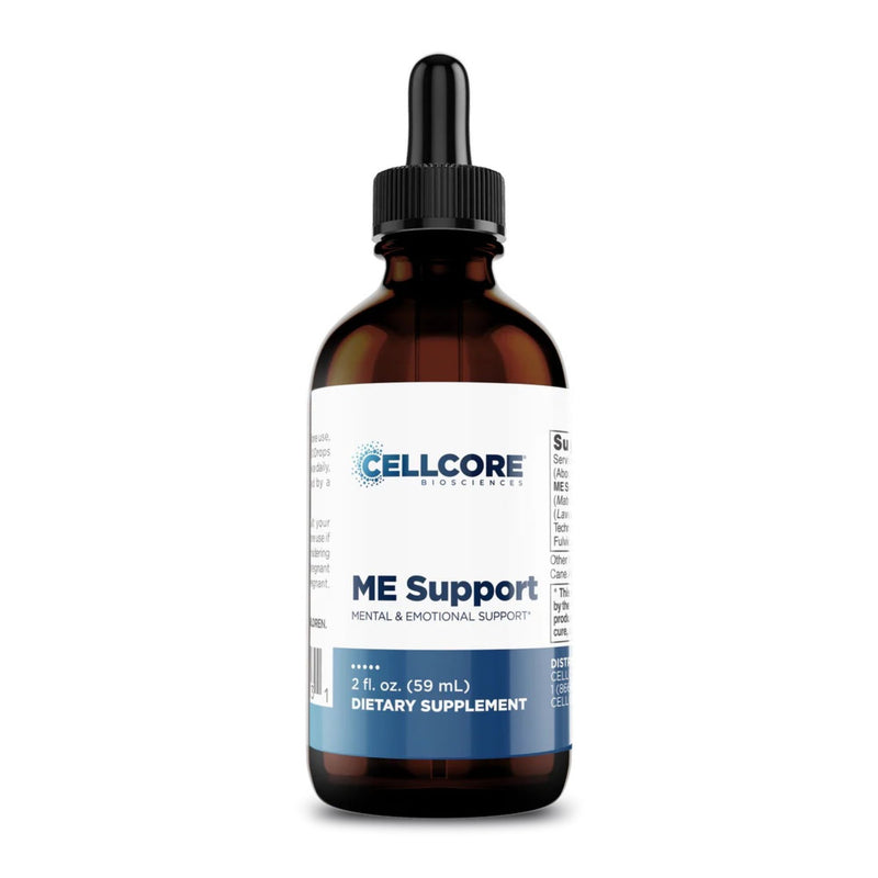 Bottle of Cellcore ME Support dietary supplement with dropper on a white background
