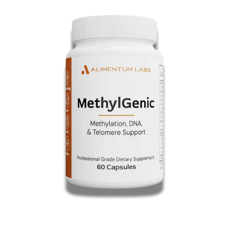 Supplement bottle labeled 'MethylGenic' by Alimentum Labs on a white background