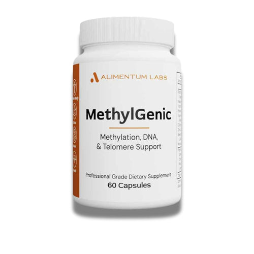 Supplement bottle labeled 'MethylGenic' by Alimentum Labs on a white background