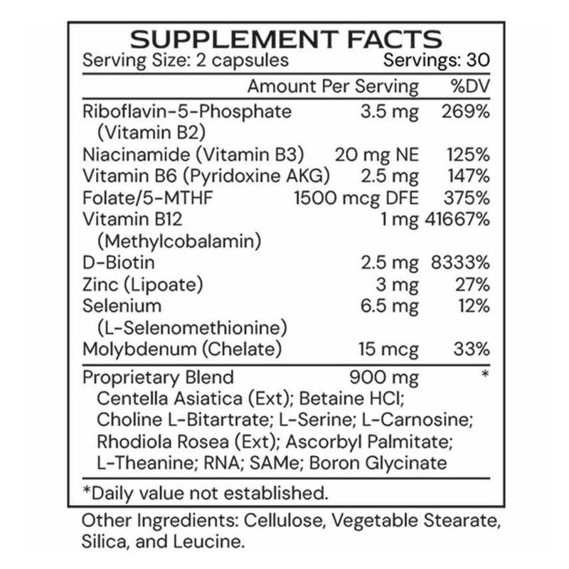 Supplement facts label with detailed nutritional information on a white background