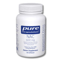 Supplement bottle labeled 'pure encapsulations NAC 600 mg' on a white background