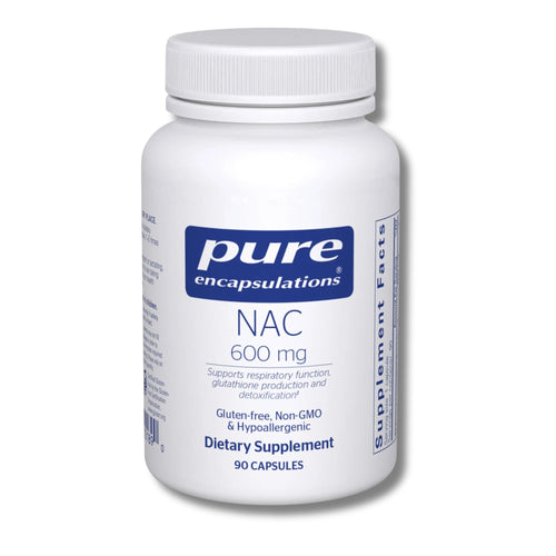 Supplement bottle labeled 'pure encapsulations NAC 600 mg' on a white background