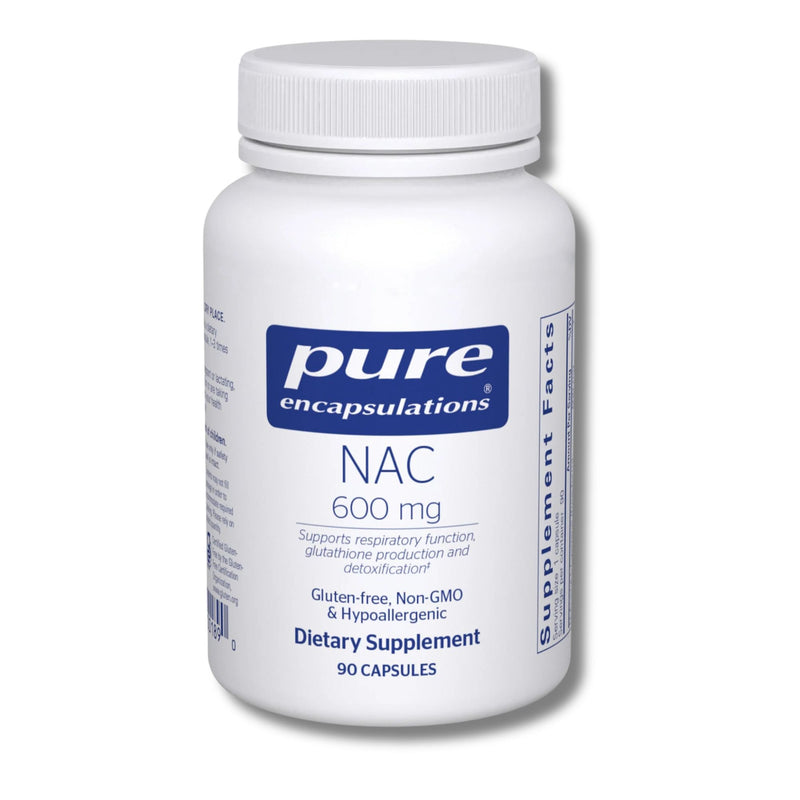 Supplement bottle labeled 'pure encapsulations NAC 600 mg' on a white background