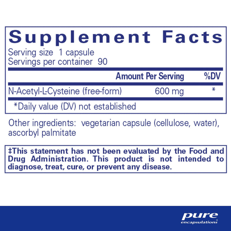 Supplement facts label for N-Acetyl-L-Cysteine with serving size, servings per container, and other ingredients.