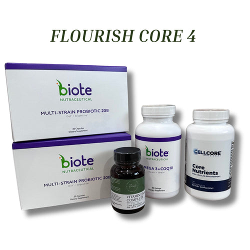 A product bundle for 'Flourish Core 4' by Nutracetical, featuring two white boxes of biote Multi-Strain Probiotic 208, two white bottles (Omega 3-COQ5 and Core Nutrients), and one dark amber bottle (Antioxidant Complex), arranged on a white background with the text 'FLOURISH CORE 4' at the top.