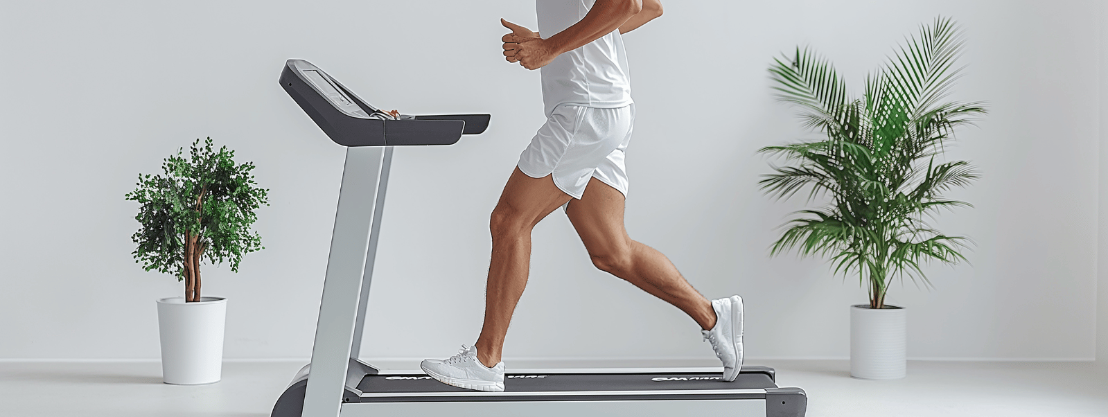 Person running on a treadmill in a minimalistic room with plants