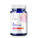 blue medicine bottle with a white label Olivirex high-potency olive leaf formula