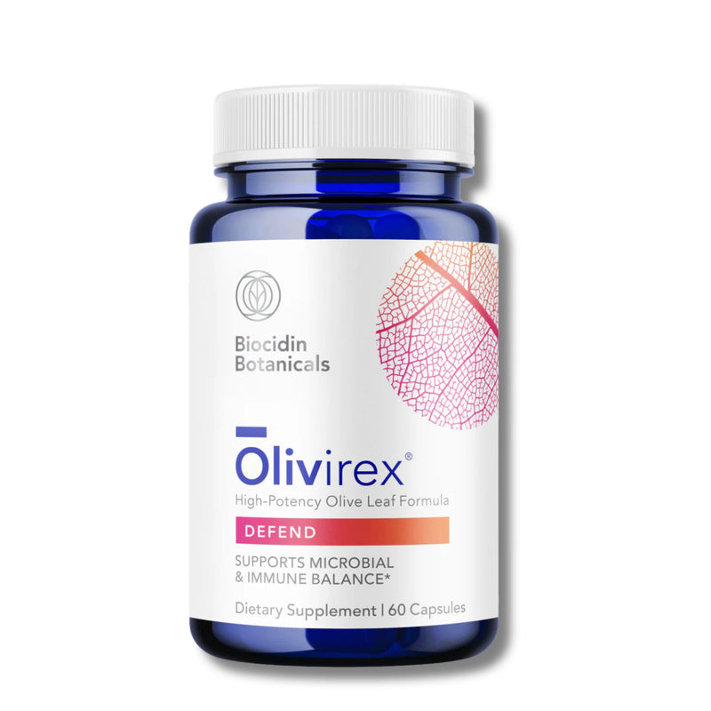 blue medicine bottle with a white label Olivirex high-potency olive leaf formula