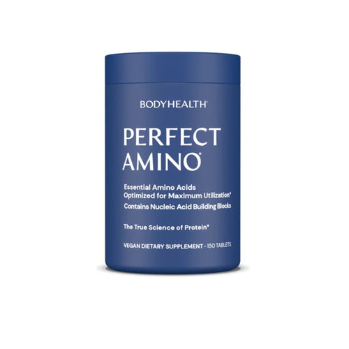Blue supplement container labeled 'Perfect Amino' by BODYHEALTH on a white background