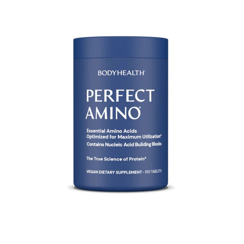 Blue supplement container labeled 'Perfect Amino' by BODYHEALTH on a white background