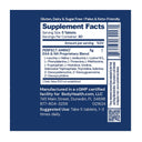 Supplement label with detailed information on a blue background