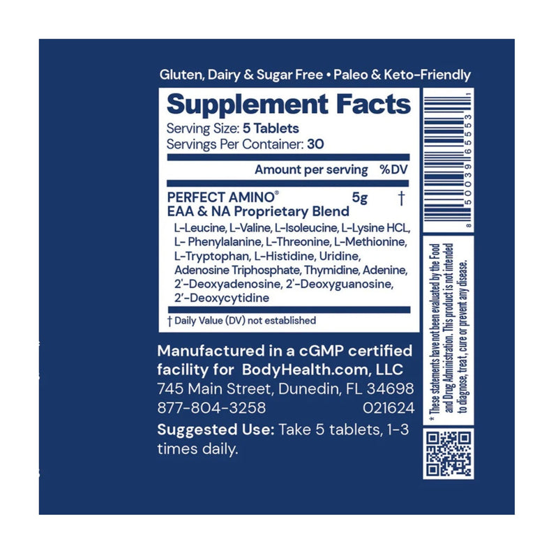 Supplement label with detailed information on a blue background
